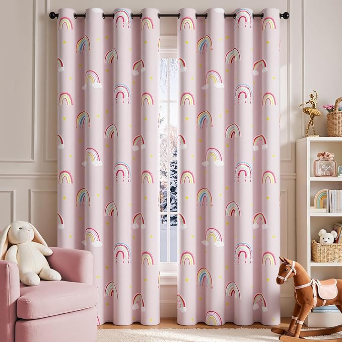 jinchan Nursery Blackout Curtains for Kids Room Rainbow Pink Curtains Cute Girls Bedroom Dorm Playroom Window Treatment Grommet Thermal Insulated Room Darkening 2 Panels 84 Inch Length