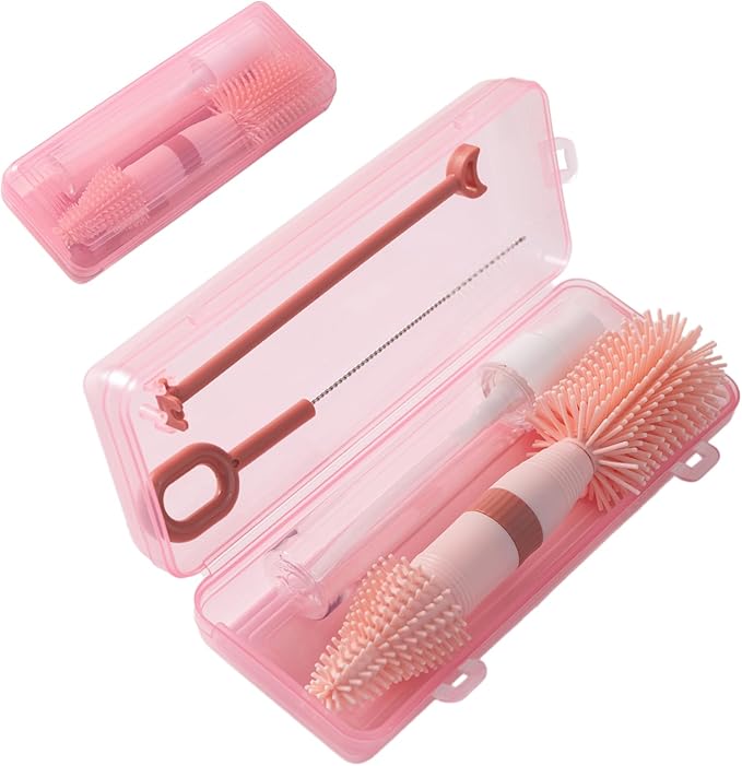 Chemimoso Small Silicone Baby Bottle Brush for Newborn Anti-Colic Baby Bottles，Portable Travel Bottle Cleaner Brush，Suit for Baby Bottles Less Than 8 OZ， Pink