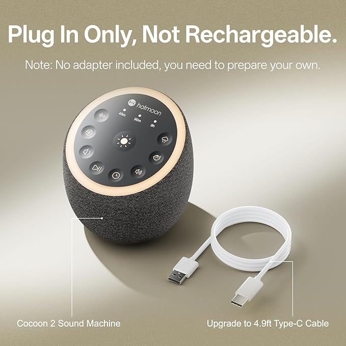 Hotmoon Sound Machine for Sleep, Cocoon 2 White Noise Sound Machine with 40 Non-Looping Sounds, Dual-Speaker & Timer, 8 Night Light, Pink Brown Green Noise for Sleeping Adults, Office Privacy, Plug-in