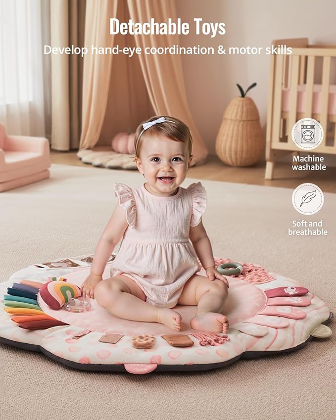 Blissful Diary Baby Play Gym & Activity Mat, 5 Developmental Zones Wooden Tummy Time Mat with 5 Detachable Sensory Toys for Motor Skills & Sensory Development, Baby Essentials Shower Gift, Pink Flower