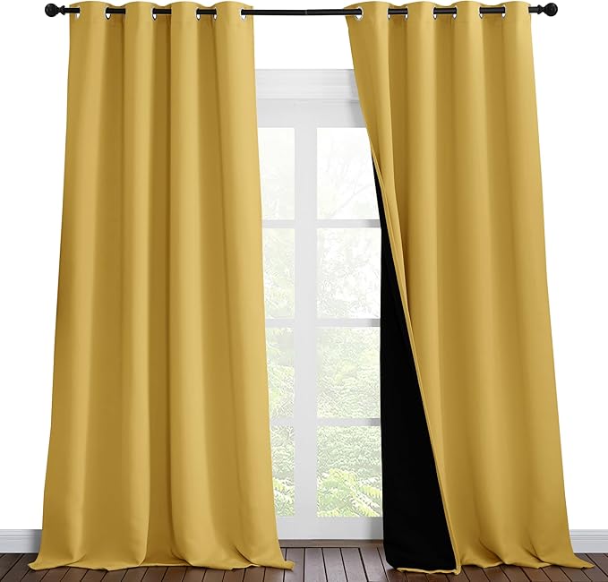 NICETOWN 100% Blackout Blinds, Laundry Room Decor Window Treatment Curtains for Large Patio Sliding Door, Thermal Insulated Bright Yellow Curtains for Bedroom, Set of 2, 55 inches x 102 inches