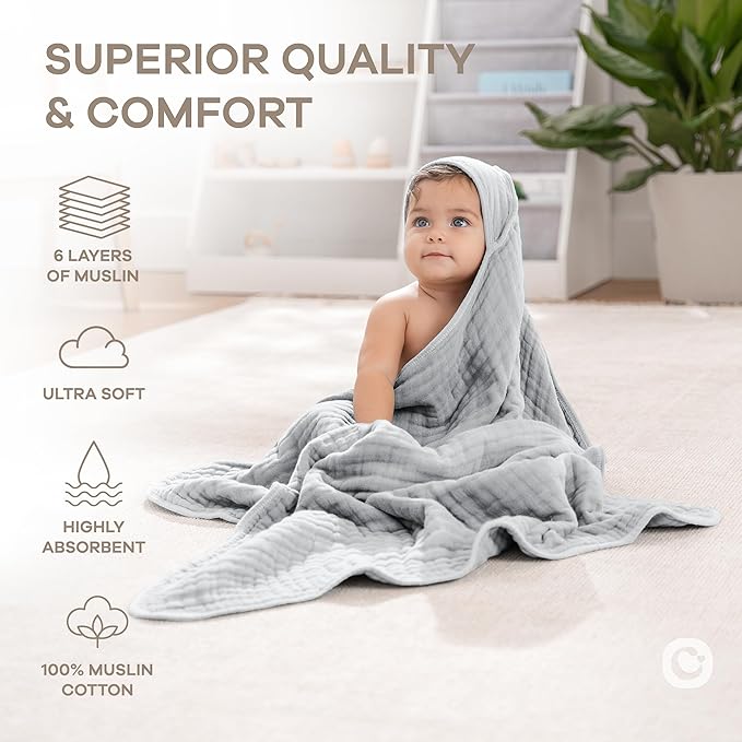 Comfy Cubs Hooded Baby Towel 1-Pack, Large 32 x 32 Inch - 6 Layer 100% Muslin Cotton for Babies, Toddlers and Kids - Soft & Absorbent Baby Bath Towels - Unisex Design for Bath Time - Heather Blue