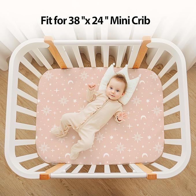 Baby Mini Crib Sheets Girl, Portable 38”x26” Pack and Play Sheets Fitted for Playard and Pack N Play Mattress, 3-Pack Soft Microfiber Pink Stars