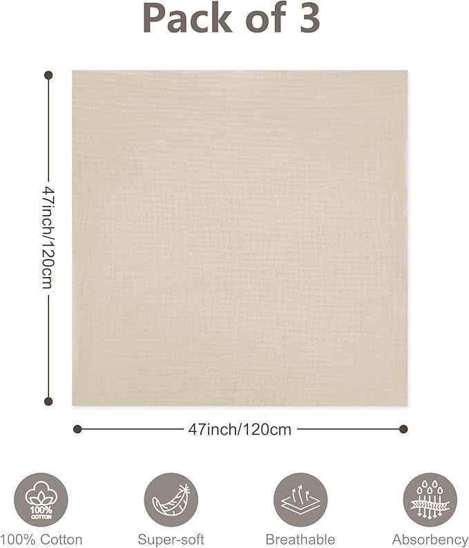 3-Pack 100% Cotton Muslin Swaddle Blankets, Large 47 x 47 Inches — Breathable Soft Receiving Blankets for Newborns, Swaddling Wraps, Registry Gift (Earth Tone Neutrals)