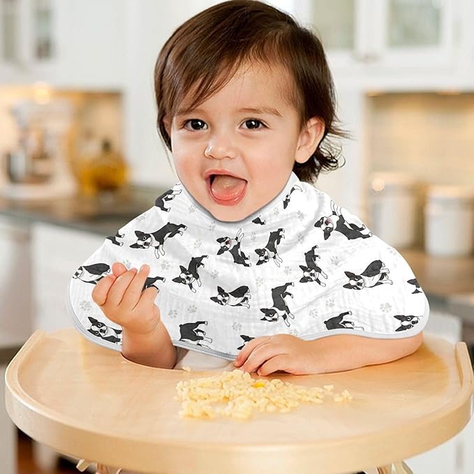 1 Pack Muslin Burp Cloths Boston Dogs Paw White Cotton Baby Burp Cloths Ultra Absorbent and Soft Spit Up Rags for Newborn Babies Boys Girls 22x11 Inch
