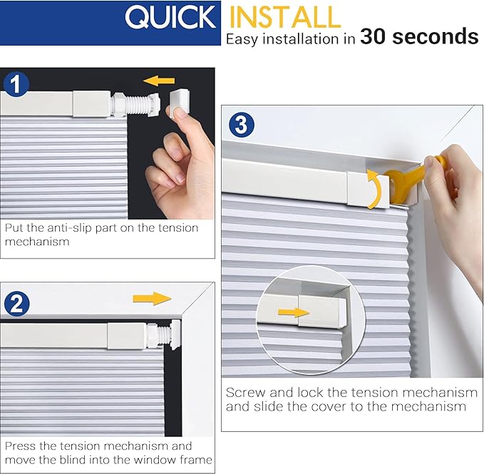LazBlinds Cordless Cellular Shades, No Tools No Drill Blackout Honeycomb Shades Pleated Blinds for Windows, 25" W x 64" H, Silver White