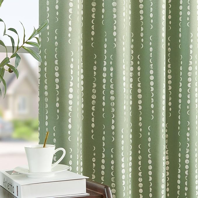 jinchan 95% Blackout Boho Curtains 90 Inches Long Sage Green Moon Phases Printed Drapes Rod Pocket Back Tab Thermal Insulated Curtains for Bedroom Nursery Window Drapes Curtain Set 2 Panels