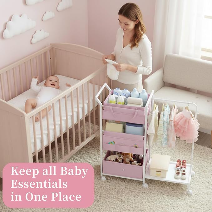 Baby Diaper Caddy Organizer - 3 Tier Rolling Cart with Kids Clothing Rack, Mobile Utility Cart with Dividers and Drawers, Large Capacity Storage Cart for Bedroom, Bathroom, Carts with Wheels