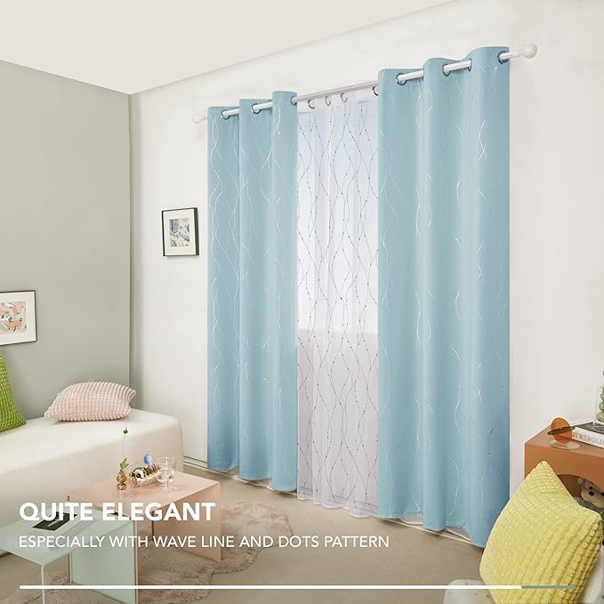 Deconovo Blackout Curtains, Thermal Insulated Soundproof Grommet Drapes, Wave Dot Foil Print, 38 x 90 Inch, Set of 2, Machine Washable Window Panel for Bedroom Living Room Nursery Kitchen, Light Blue