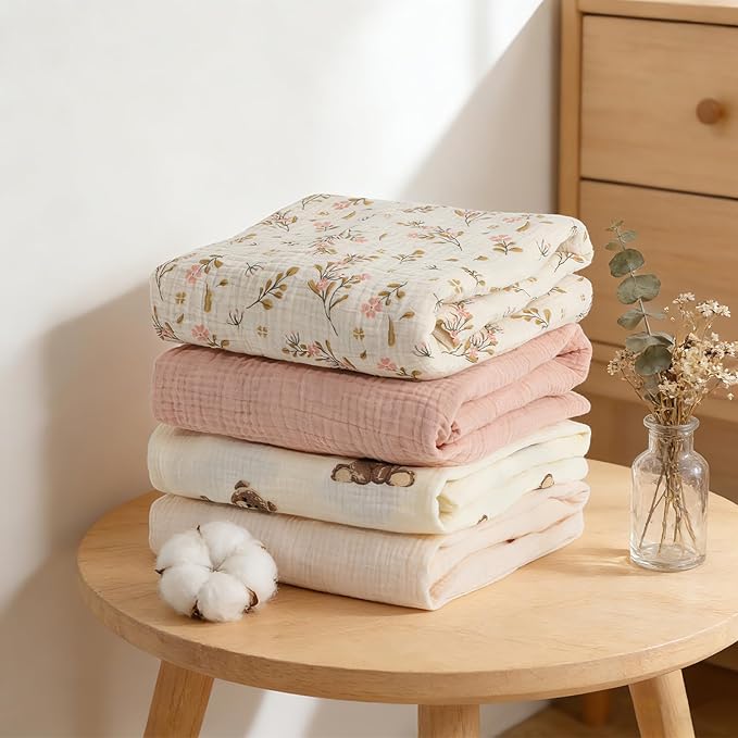100% Organic Cotton Baby Crib Sheets Muslin 52x28 Inches 2 Pack Soft Fitted Crib Mattress Sheet for Baby Girls, Boho Toddler Bed Sheets Fits Well Standard Size Crib Mattress 28x52 Inches Floral & Pink