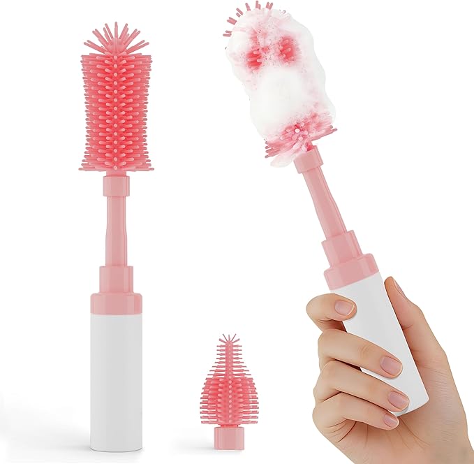 ZTX Self-Foaming Silicone Baby Bottle Brush Set - One Press Creates Rich Foam, Cleans Bottles, Breast Pump Parts & Nipples, Includes Detachable Brush & Travel Storage Bag, Pink