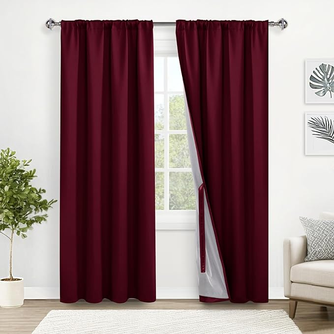 XWZO 100% Blackout Curtains with Tiebacks- 2 Thick Layers Completely Shaded Thermal Insulated Lined Window Drapes for Bedroom/Patio Door, Rod Pocket & Back Tab, Burgundy, W52 x L84, Set of 2 Panels