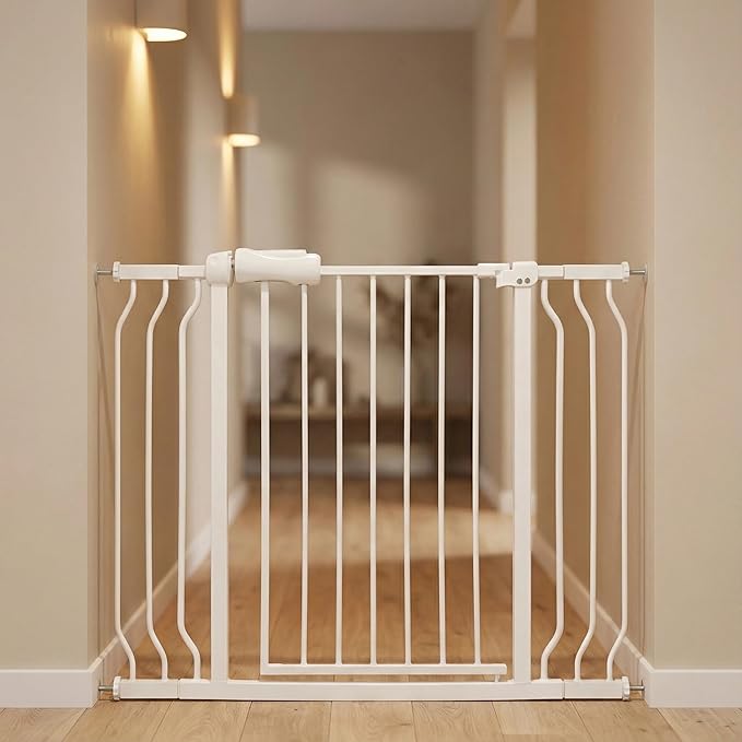 Walk Through Expandable Baby & Dog Gate 38.5-43.3 Inch for Kids & Pets, Tension Mounted Indoor Safety Gate for Large Openings - White Metal, 30 inches Tall