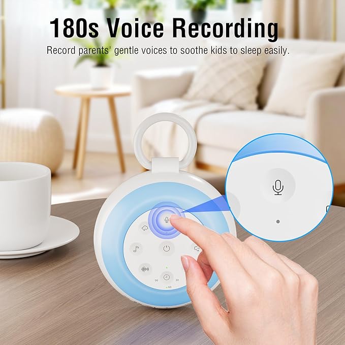 MEGATEK Sleep Sound Machine, 24 Soothing Sounds, 9 Color Dimmable Night Light, Bluetooth & 180s Voice Recording, 2000mAh Rechargeable Battery with Timer & Hook, Easy to Use for Baby & Adults