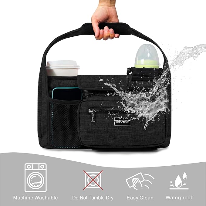 TOPDesign Universal Baby Stroller Organizer, Stroller Caddy with Detachable Mesh Bag & Heightened Insulated Cup Holders & Non-Slip Secure Hooks Accessories, Fits Most Strollers (Grey)