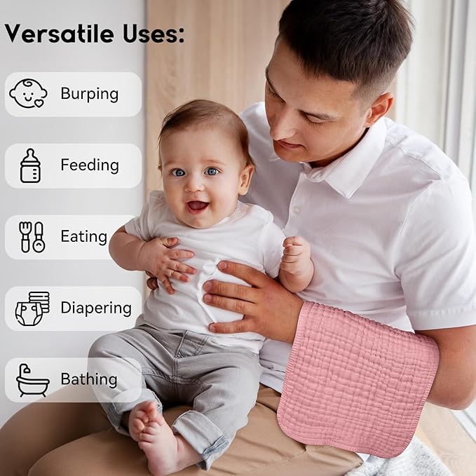 Unnivoll Muslin Burp Cloths for Baby 100% Cotton Burping Cloths for Boys Girls Large 20''X10'' Extra Soft and Absorbent 12 Pack - Bean Paste