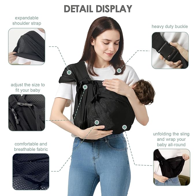 Baby Sling Carrier, Toddler Sling Carrier with Wide Shoulder Strap, Lightweight Baby Carriers Newborn to Toddler Infant Wrap Carriers Perfect for Mom and Dad, 7-30lbs, Black Mesh