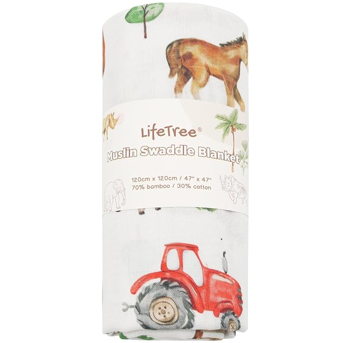 LifeTree Muslin Swaddle Blankets, Baby Swaddles Blanket for Boys Girls Newborn Nursery, Soft Large 47" x 47", Farm Animals, 70% Viscose from Bamboo and 30% Cotton