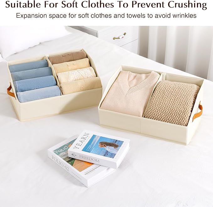 Closet Organizers and Storage Bins - 6 Pack Collapsible Divided Trapezoidal Cube Storage Bins Baskets with Orange Handle for Organizing Clothes Blankets, Toys, Books, Towels(Beige)