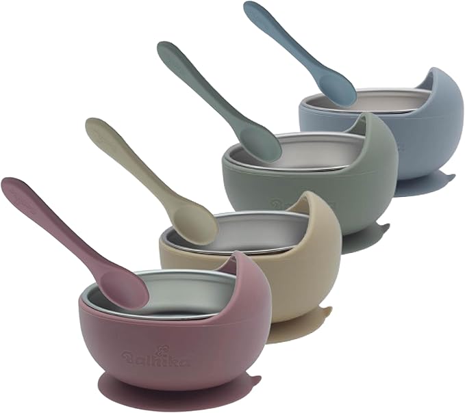 Balhika Silicone Baby Bowl Feeding Set – 12-Piece Set with Stainless Steel Inserts and Baby Spoons – BPA-Free Suction Bowls for Babies and Toddlers – Easy to Clean, Safe Mealtime Set for Self-Feeding