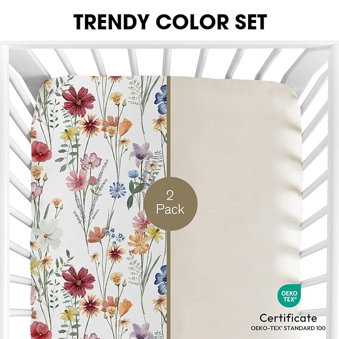 Little Grape Land Crib Sheets for Girls and Boys, 2pk Baby Crib Fitted Sheet for Standard Size Crib and Toddler Mattress, Super Soft Baby Sheet (Spring Flower & Beige)