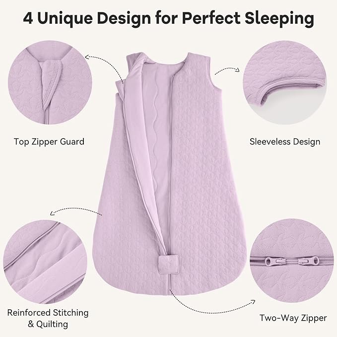 Unnivoll Baby Sleep Sack 6-12 Months TOG 2.5 Winter Baby Wearable Blanket, 100% Cotton Fabric Newborn Infant Sleeping Sack 2-Way Zipper Quilted Baby Sleep Bag, Warm Soft Purple