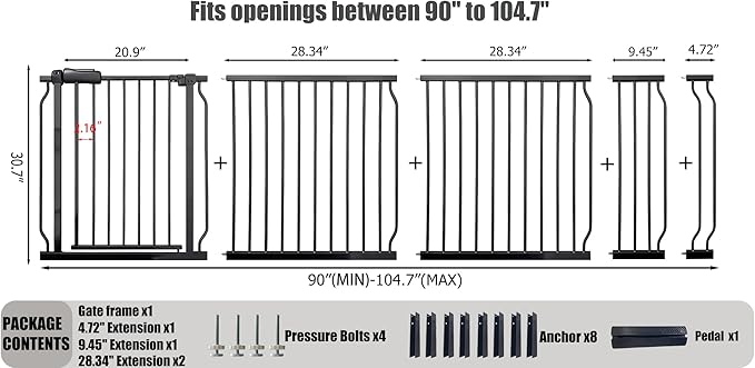 Heavy Duty Baby & Dog Safety Gate 86-104.7 Inch, Black Metal, Pressure Mounted No Drilling Pet Gate for Large Openings
