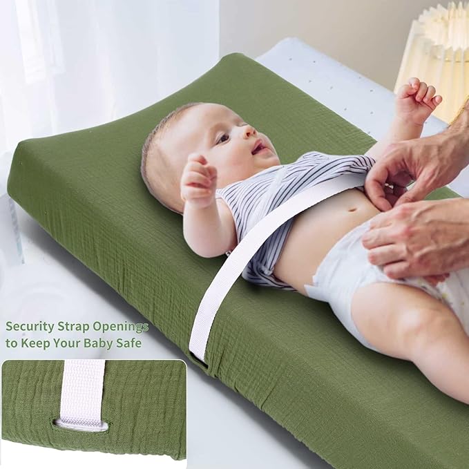 PET REJOIR Muslin Changing Pad Cover for Baby Girls Boys-2 Pack 17"x 33" Cotton Soft Diaper Changing Pad Cover-Breathable Changing Pad Sheets-Neutral Boho Olive Green & Beige