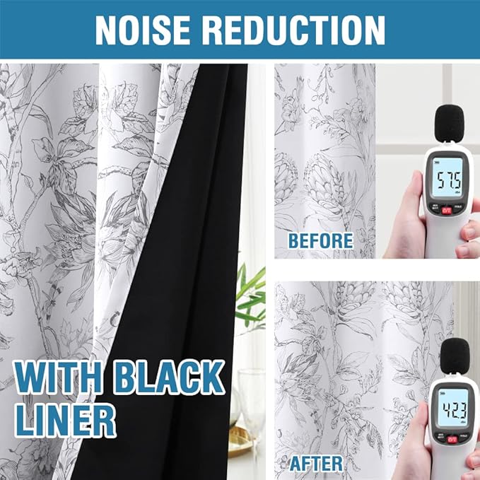 H.VERSAILTEX 100% Blackout Curtains for Living Room Camellia Floral Blackout Curtains 96 Inches Long Light Blocking Window Treatment Curtains with Black Liner Grommet Thermal Drapes, 2 Panels, Grey