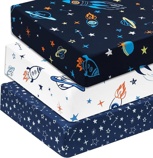 david's kids 3 Pack Fitted Crib Sheets, Ultra Soft Breathable Comfortable Baby Sheet Set for Boys Girls Neutral, 28x52 Inch Fits Standard Crib and Toddler Mattresses, Space