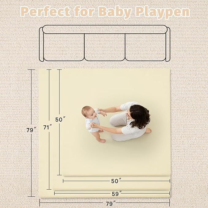 Waterproof Baby Play Mat for Floor 1.3"Thick Memory Foam 59*79 Cushion Playpen Playmat Tummy Time Crawling Mat Nursery Rug Pad Mattress Create Soft & Safe Area for Infants,Toddler,Kids,Beige