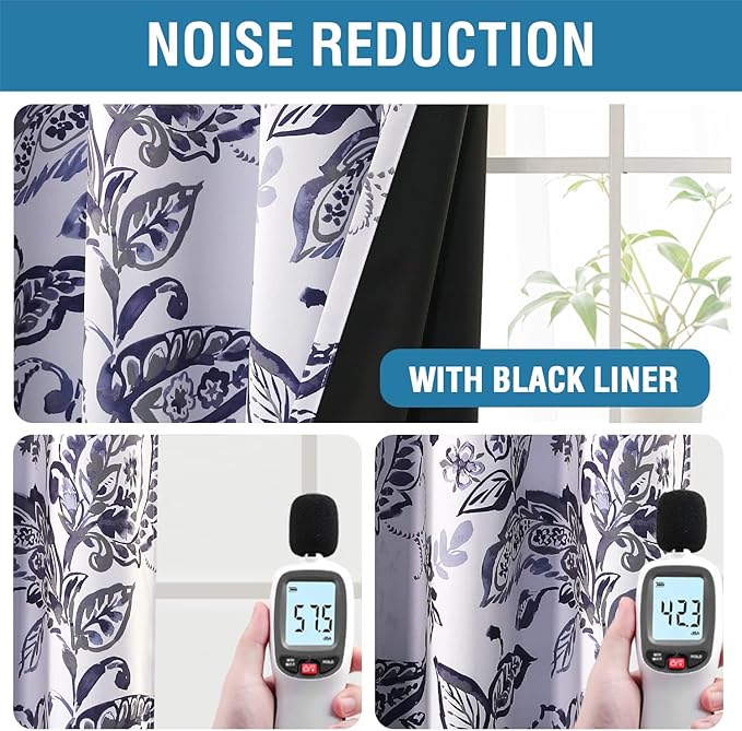 H.VERSAILTEX 100% Blackout Curtains for Bedroom Paisley Floral Printed Curtains 84 Inches Long Grommet Curtains & Drapes Thermal Curtains Window Treatments with Black Liner 2 Panels, Navy