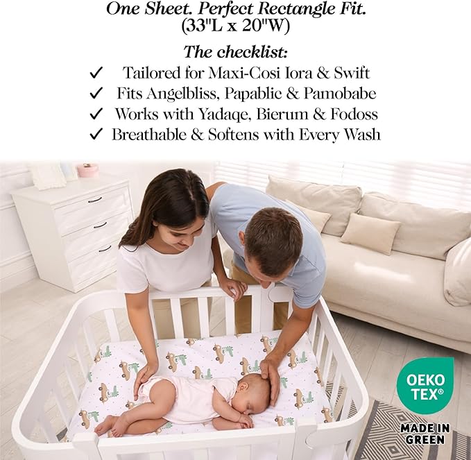 100% Organic Cotton Baby Bassinet Sheets 3-Pack - Fits Angelbliss, Maxi-COSI Iora/Swift, Papablic Baby Bassinet, YADAQE, Pamobabe, BIERUM & Fodoss - Breathable Rectangle Mattress (33"x20")