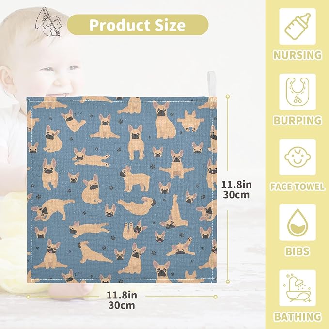 vvfelixl Baby Cotton Washcloths French Bulldog Pug Infants Bath Towel for Unisex Puppy Face Towels for Newborn, Natural Baby Wipes Delicate Skin, 11.8 X 11.8 inch, one sizex5