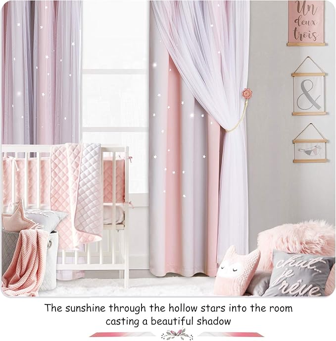 NICETOWN 2 Panels Stars Blackout Curtains for Bedroom Girls Kids Baby Window Decoration Double Layer Star Cut Out Aesthetic Living Room Decor Wall Home Curtain, W34 x L84 Inches, Pink & Grey
