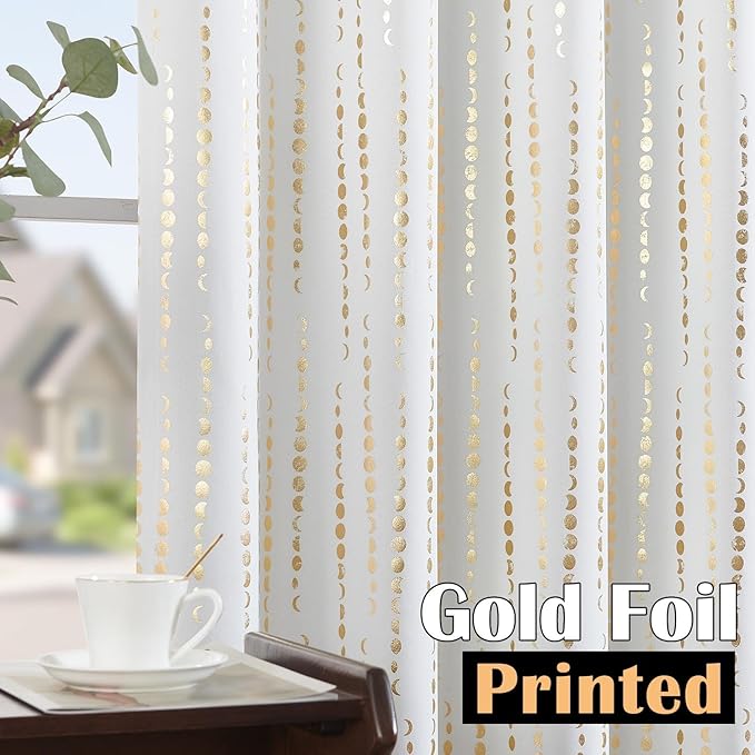 jinchan 95% Blackout Curtains 96 Inch Long for Bedroom Boho Curtains Moon Phases Printed Golden on White Drapes Rod Pocket Back Tab Darkening Retro Bedroom Pattern Curtains 2 Panels