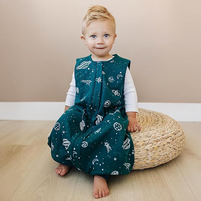 Woolino 4 Season Baby Sleep Bag or Sack with feet, Australian Merino Wool and Organic Cotton, 6-18m, Space (Glow In The Dark)