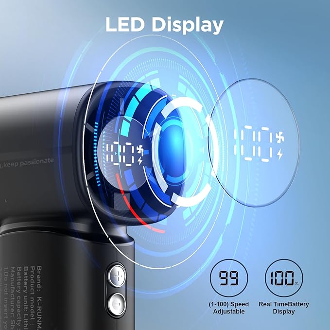 Portable Handheld Turbo Fan, 5 Gear Wind, Battery Operated, Up to 12 Working Hours, LED Display with Air Turbo Tech Cooling Fan for Outdoor Activities, Travel, Beach (Black)