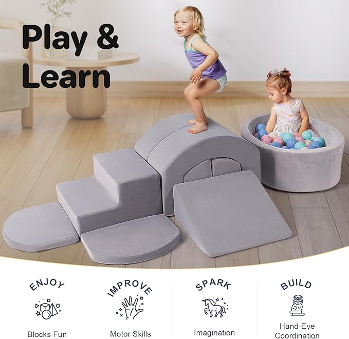9-Piece Foam Climbing Blocks for Toddlers, Baby Climb and Crawl Soft Play Set with Ball Pit, Machine Washable Cover, Indoor Activity Play Structure, Climbing Toys for Toddlers 1-3 (Gray)
