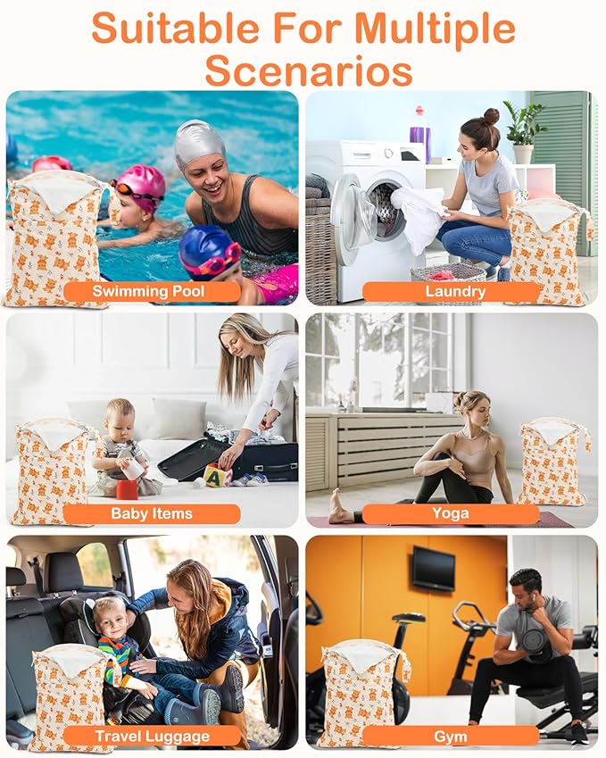 ALVABABY 3pcs Cloth Diaper Wet Dry Bags Waterproof Reusable with Two Zippered Pockets Travel Beach Pool Daycare Soiled Baby Items Yoga Gym Bag for Swimsuits or Wet Clothes 3L-ZM33