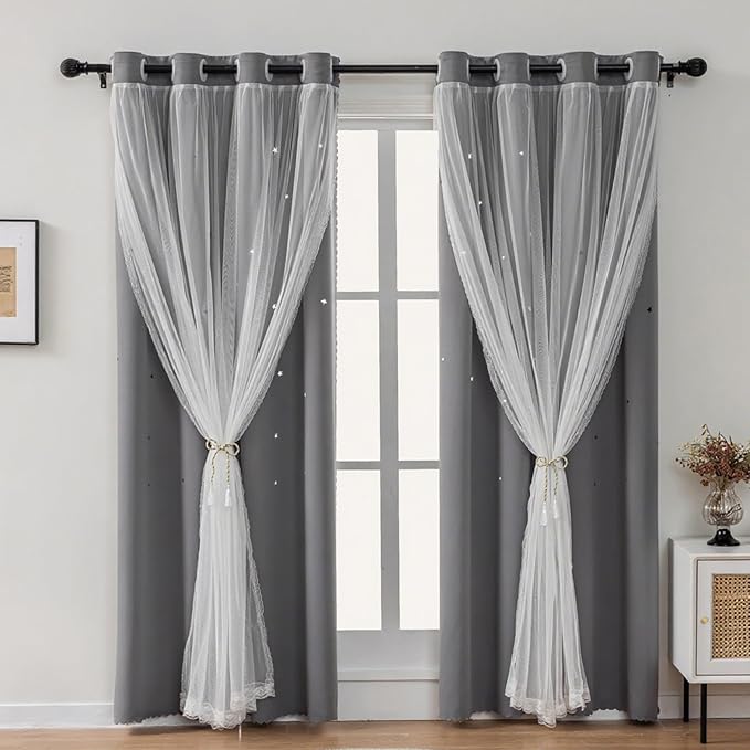 Light Gray Curtains for Kids Bedroom Nursery Decor Star Cutout Double Layer Light Blocking Blackout Curtains for Living Room Kids Room Grommet Top Curtain 2 Panels 34 x 63 inch