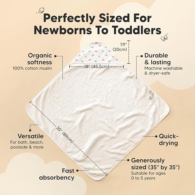 KeaBabies Muslin Baby Bath Towels with Hood for Girls,Boys-Large Organic Cotton Hooded Baby Towels for Newborns,Toddlers,Infant,Kids,Soft Absorbent Newborn Bath Essentials Gift Set(Roarsome, Regular)