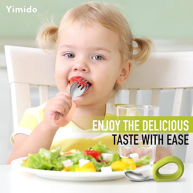 Yimido Toddler Utensils - Baby Forks and Spoons Set - Kids Stainless Steel Silverware - Children Safe - Self Feeding - Dishwasher Safe (Orange + Green)