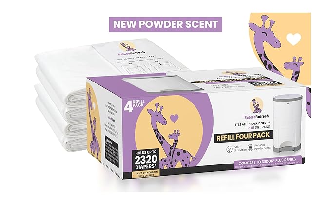 Refills Compatible with DEKOR PLUS Diaper Pail Refills | 4 Pack | Diaper Pail Odor Eliminator| Fresh Powder Scent | Each Diaper Bag Refill Holds up to 2320 Diapers | Diaper bin refill