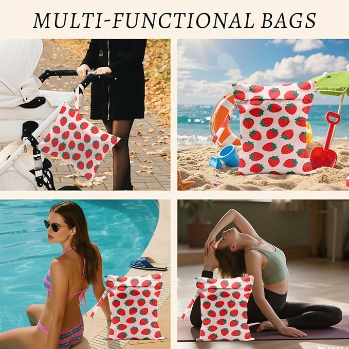 Strawberry Wet Bags 12x10 Inch, Fruits Waterproof Travel Laundry Bags, Pink Reusable Wet Dry Bag for Swimsuit Pool Beach Diapers Dirty Yoga Gym Clothes, Strawberry Gifts for Women Friend Travelers