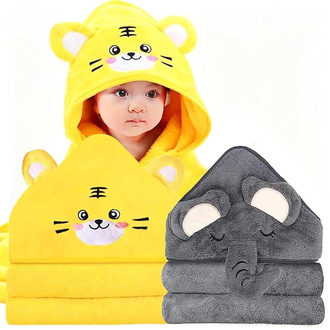 2 Pack Hooded Baby Towels for Newborn, Baby Bath Towel with Hood for Babies, Infant, Toddler and Kids, Soft and Absorbent Newborn Essential(Elephant & Tiger)