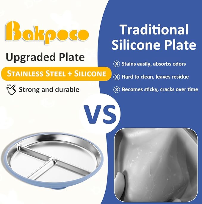 Bakpoco Stainless Steel Suction Plates for Toddlers, 9" Divided Kids Baby Plates with Removable Silicone Suction, Non Toxic Non Slip Portion Control Snack Dishes 3 Packs, Blue Gray Blush