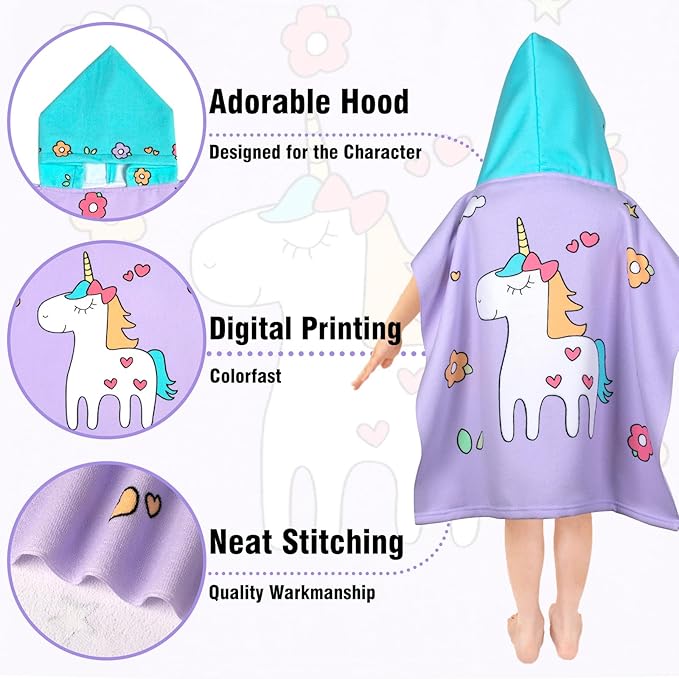 Hooded Kids Beach Towels - Toddler Bath Towel Girls Boys Swim Cover-ups for Ages 1 to 6 Kids Pool Towels Quick Dry Lightweight Soft Microfiber Poncho Towel 24x23(Flower Unicorn New)
