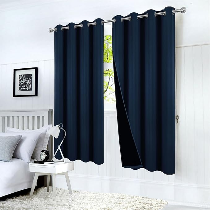 LEMOMO 100% Blackout Curtains 52 x 63 Inch Navy Blue Curtains 2 Panels Darkening Thermal Insulated Bedroom Curtains