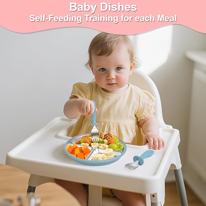 Bella's Friends Baby Feeding Set, 2 Pack Stainless Steel Divided Plate with Silicone Suction, 2 Set Spoons and Forks, BPA Free, Dishwasher Safe, Baby Led Weaning Supplies, Toddler Utensils, gray blue